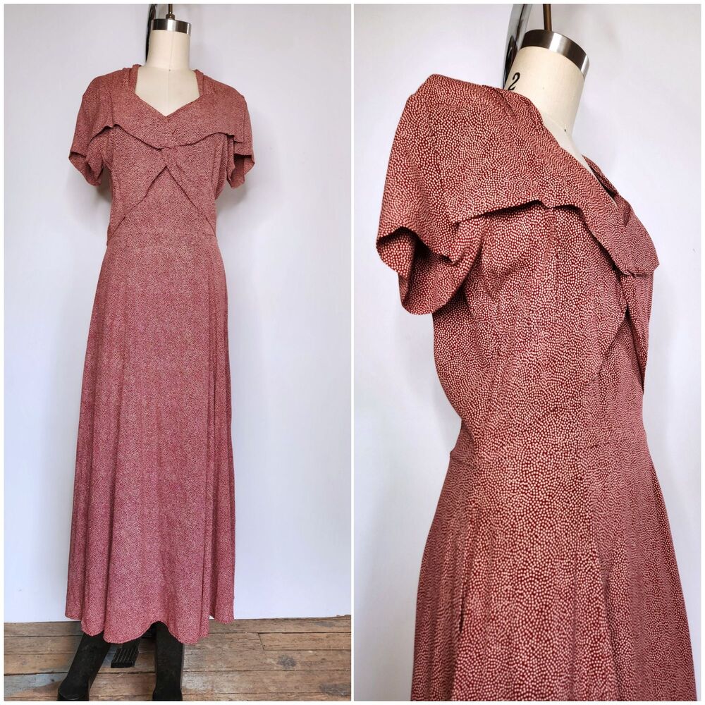 90s does 40s Maxi Dress - Polka Dot Print Dress Long Slits Dress Front & Back XS